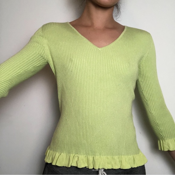 Bright Green V Neck Ruffle Ribbed Long Sleeve! - Picture 2 of 5
